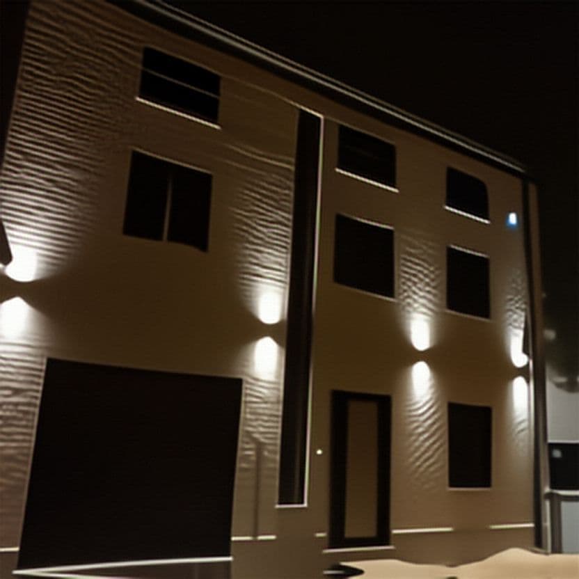 Façade d'immeuble en briques éclairée de nuit
