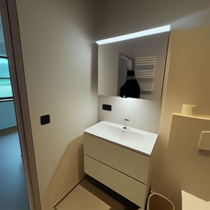 Salle de bain avec miroir rétroéclairé et spots