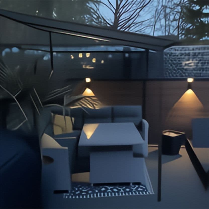 Terrasse lounge avec murets éclairés et salon de jardin