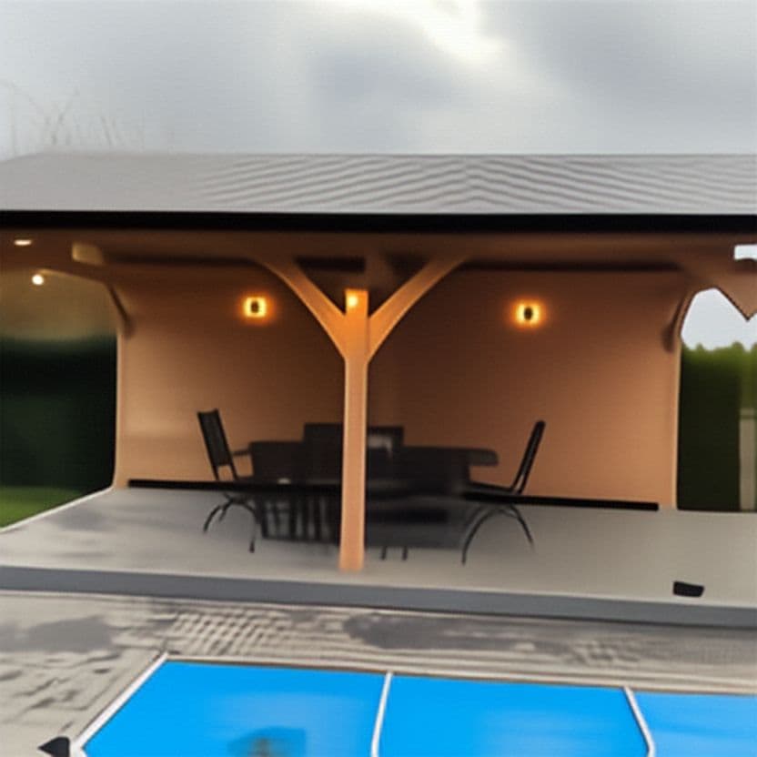 Pool house et terrasse avec éclairage extérieur au bord de la piscine